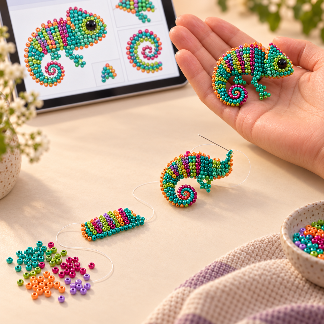 Hand holding a finished seed bead earring beside a tablet showing the matching row chart and bead codes
