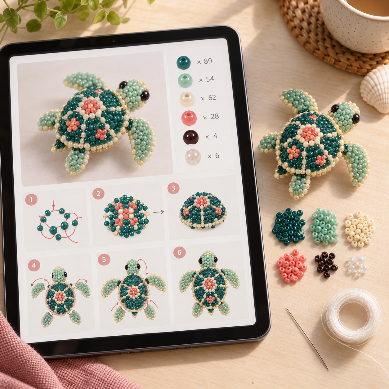 Tablet showing a seed bead bracelet pattern with row chart, word chart and bead code legend next to the finished bracelet