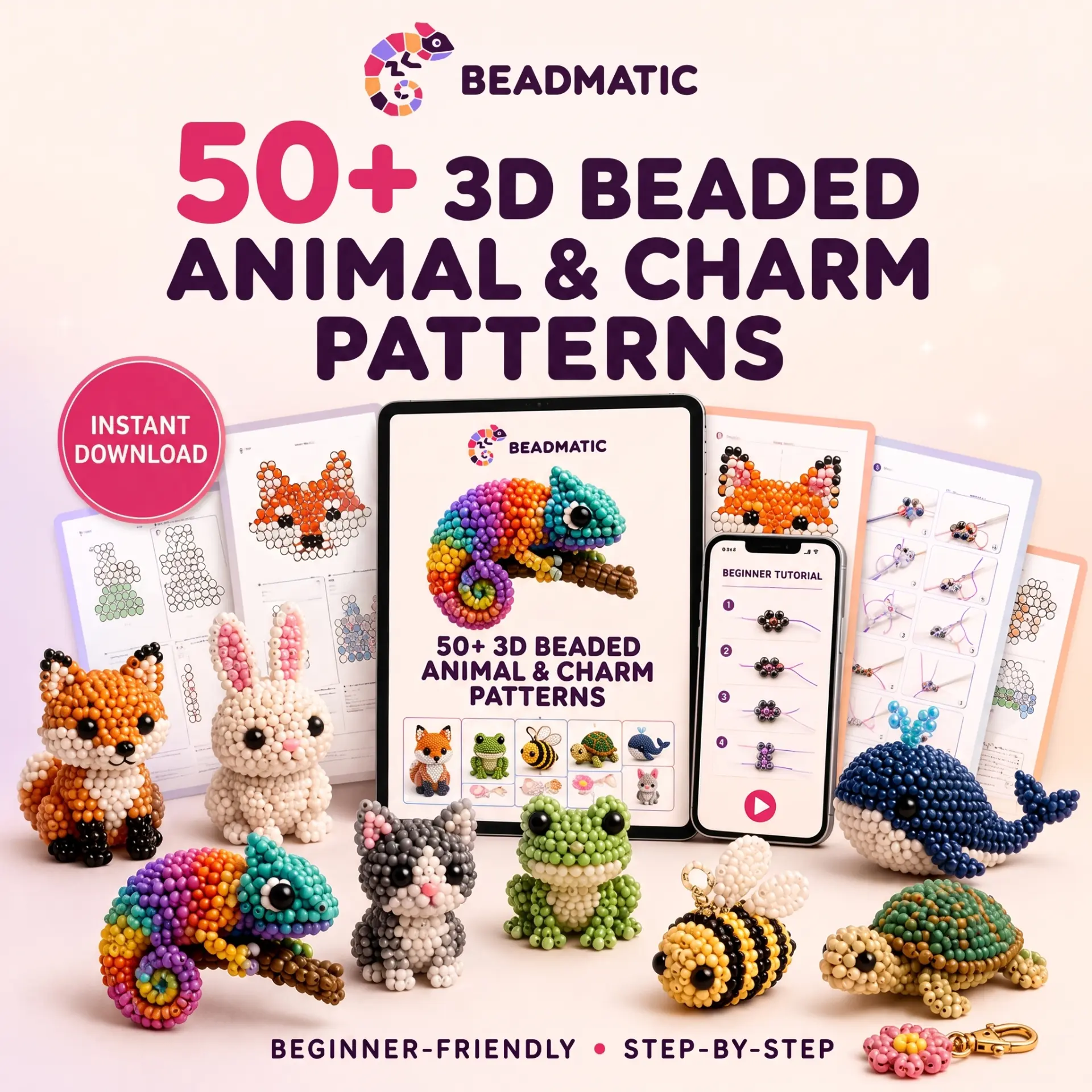 The complete seed bead jewelry pattern collection shown across printed pages and device screens