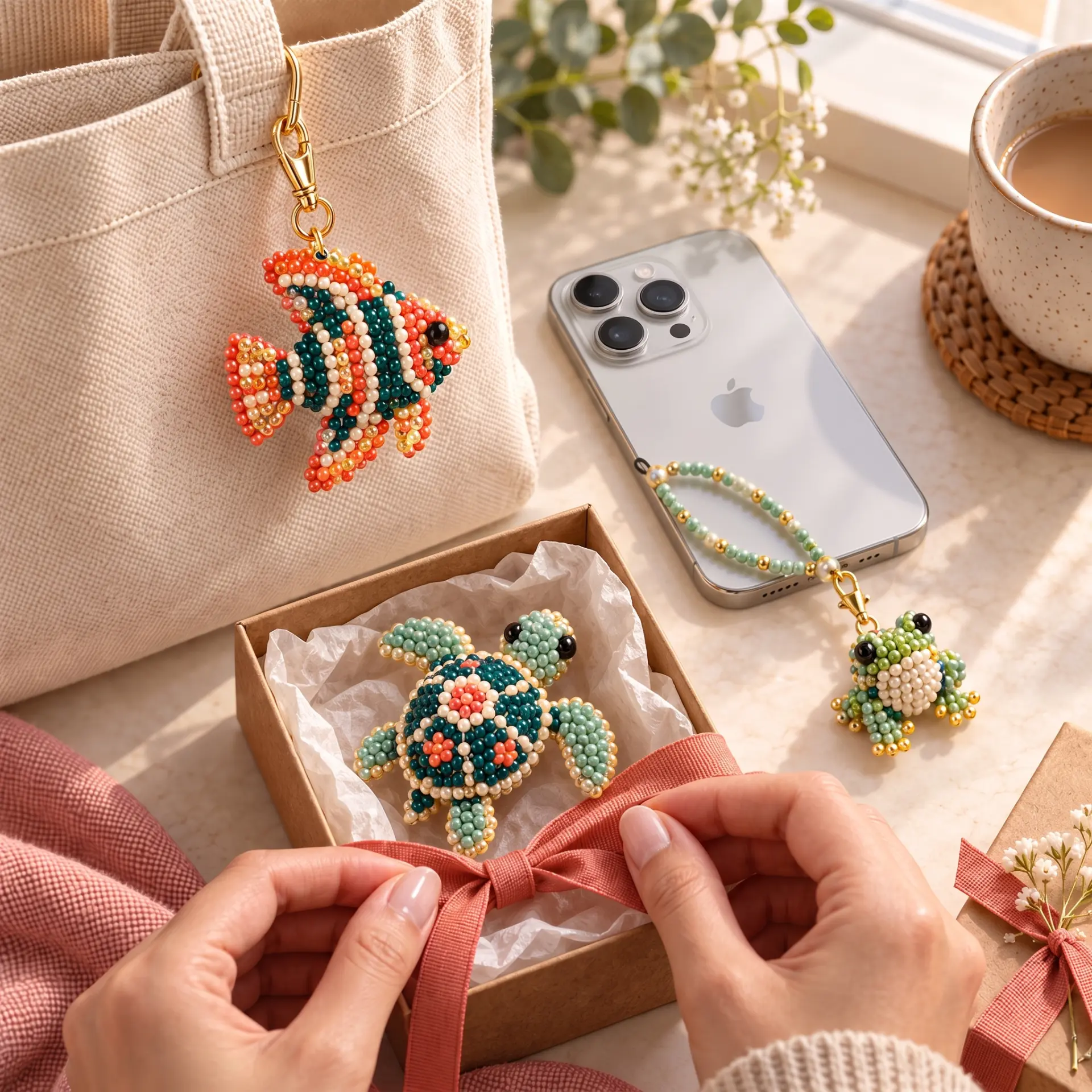 Handmade seed bead earrings, stacked bracelets and a beaded pendant being worn