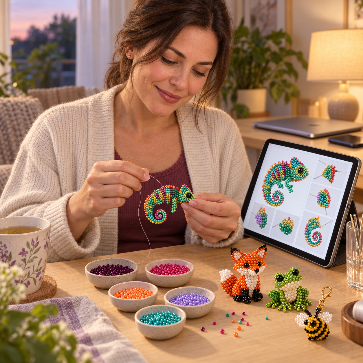 Woman beading a seed bead bracelet at a table while following the digital pattern on a tablet