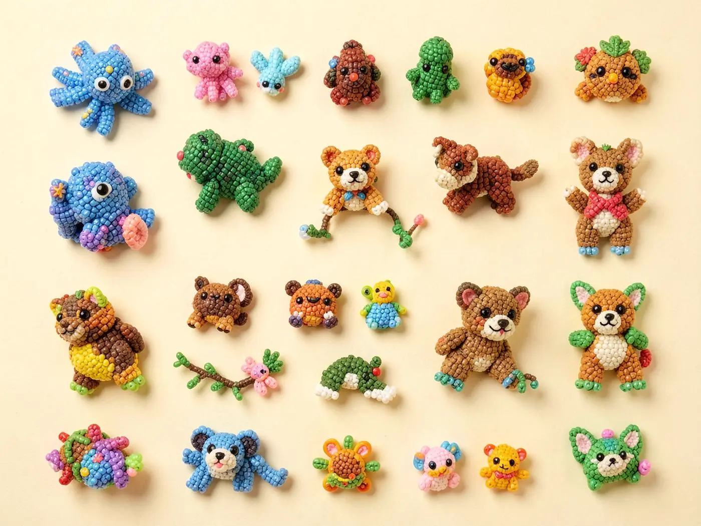 Miniature 3D seed bead animals from the included pattern categories
