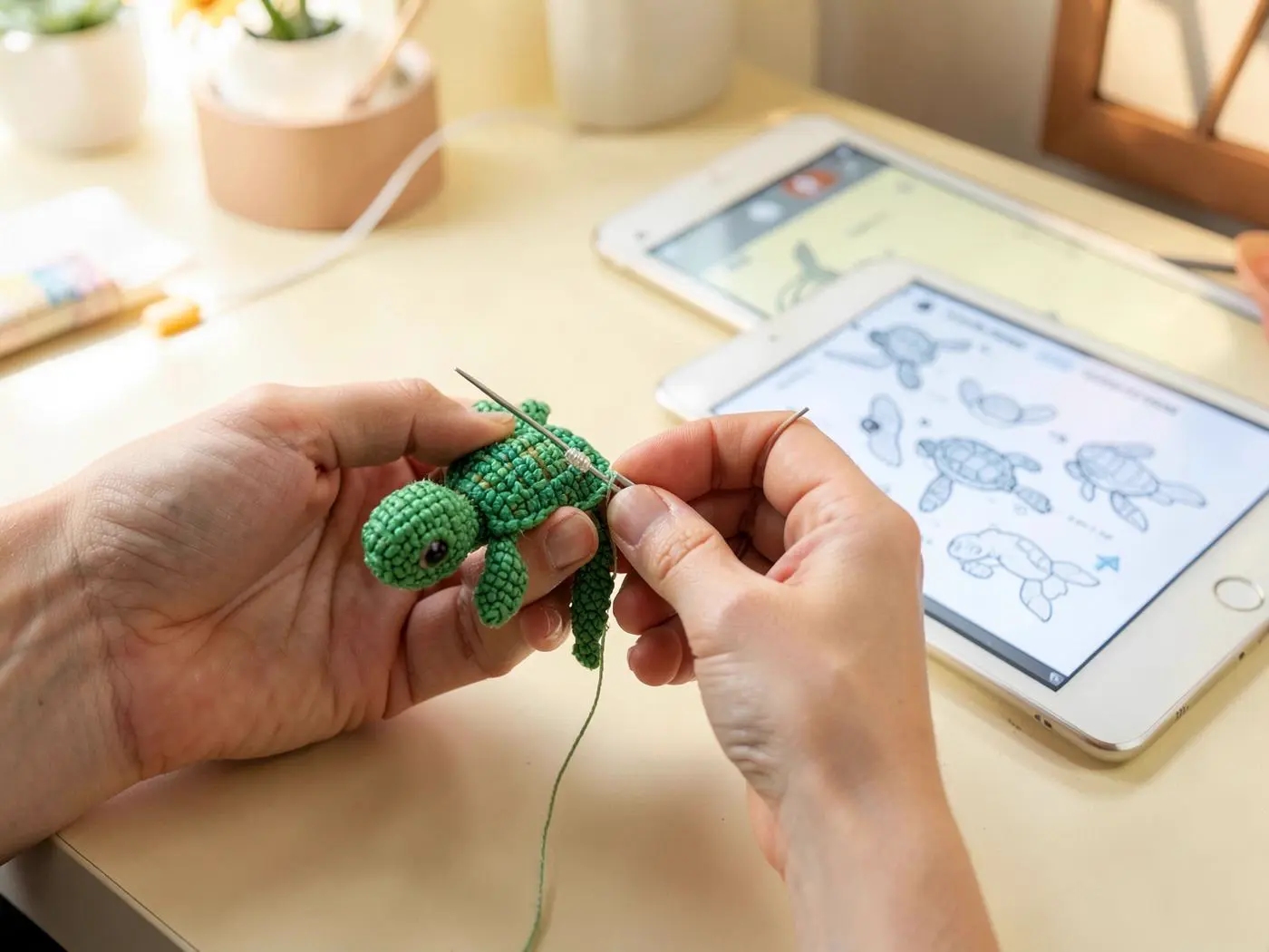 Hands following a visual tutorial to create a 3D beaded turtle