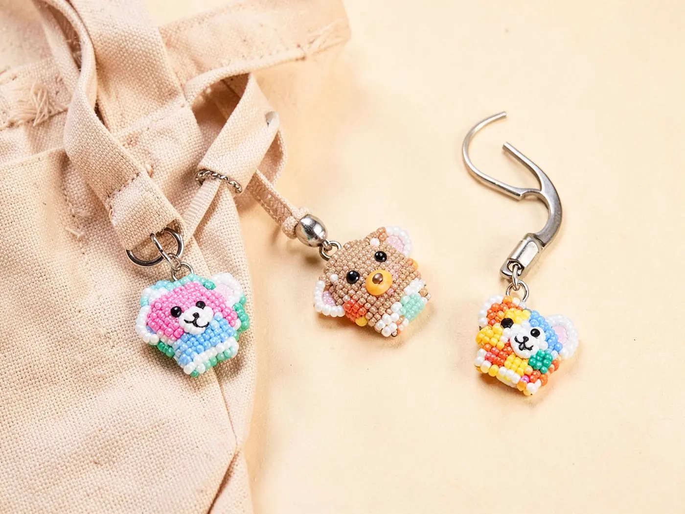 Beaded animal phone charm, bag charm and keychain examples