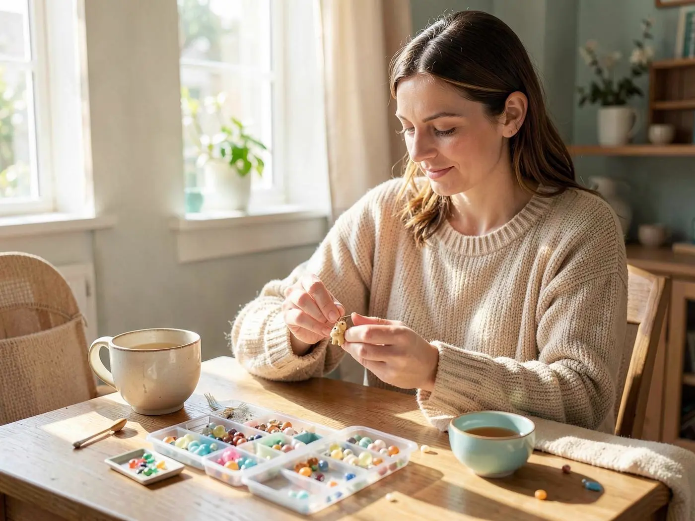 Adult maker enjoying a calm 3D seed-beading project