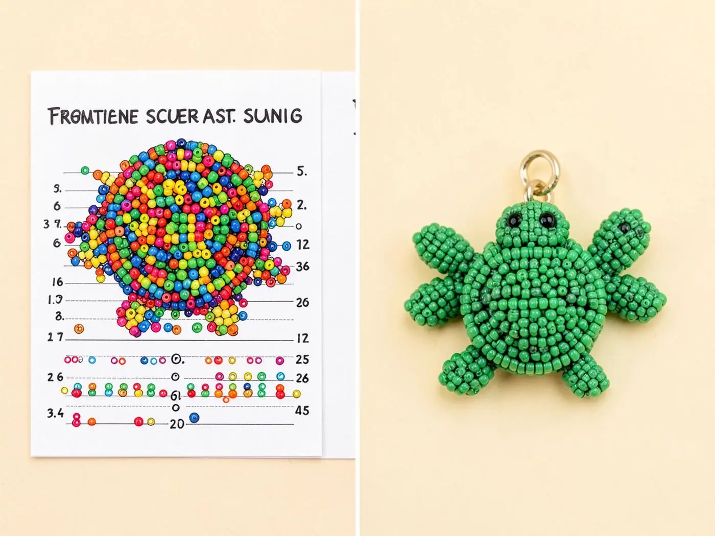 Visual bead pattern beside its matching finished 3D turtle